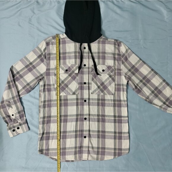NoBo Mens Small Button Up Flannel Hooded Shacket Shirt Plaid 34-36 Off White Sm - Picture 9 of 16